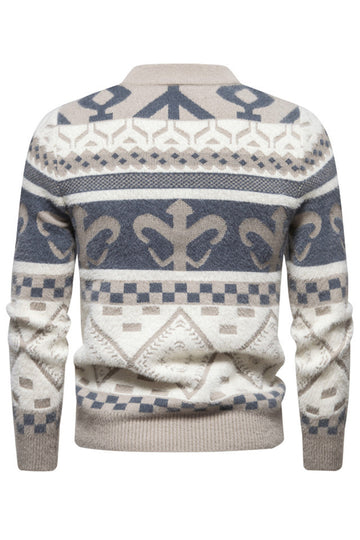 Men's Slim Fit Khaki Pullover Printed Knitted Sweater